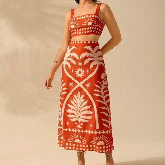 Orange Boho Women's Coconut Print Cropped Cami Top And Fitted Maxi Skirt Set - Picture 7 of 7